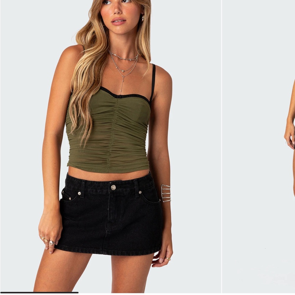 Edikted Moira Mesh Bra Top in Olive Green Ruched Camisole Top